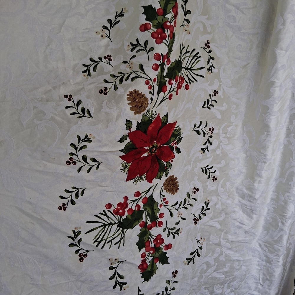Vintage 90s Y2k Christmas Tablecloth Damask Cardinal Poinsettia 60x84